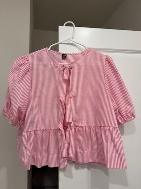 SHEIN Pink White Striped Tie-Front Peplum Blouse